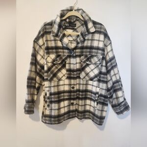 Zara Black & White Plaid Shirt Jacket Shacket Button-Up Jacket Wool Blend Large